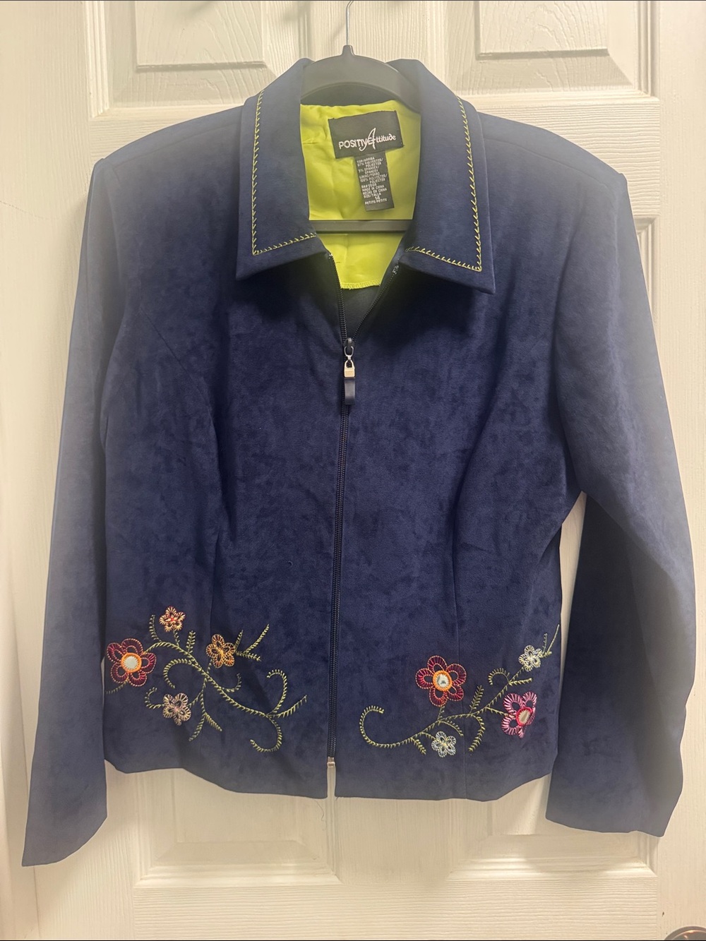 Positive Attitude Navy Suede-Look Floral Zip Jacket